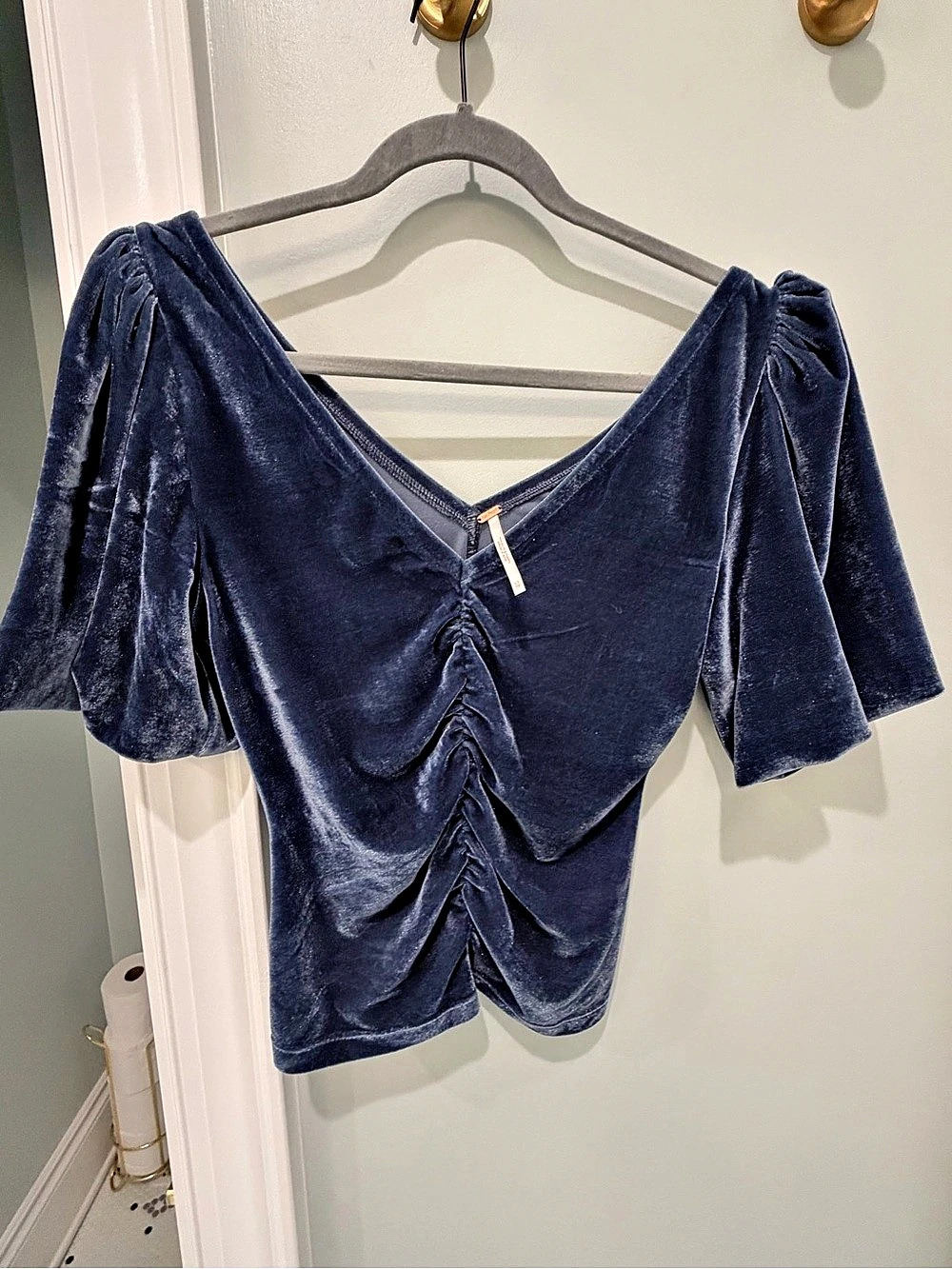 Free People Ruched Velvet V-Neck Top Blue